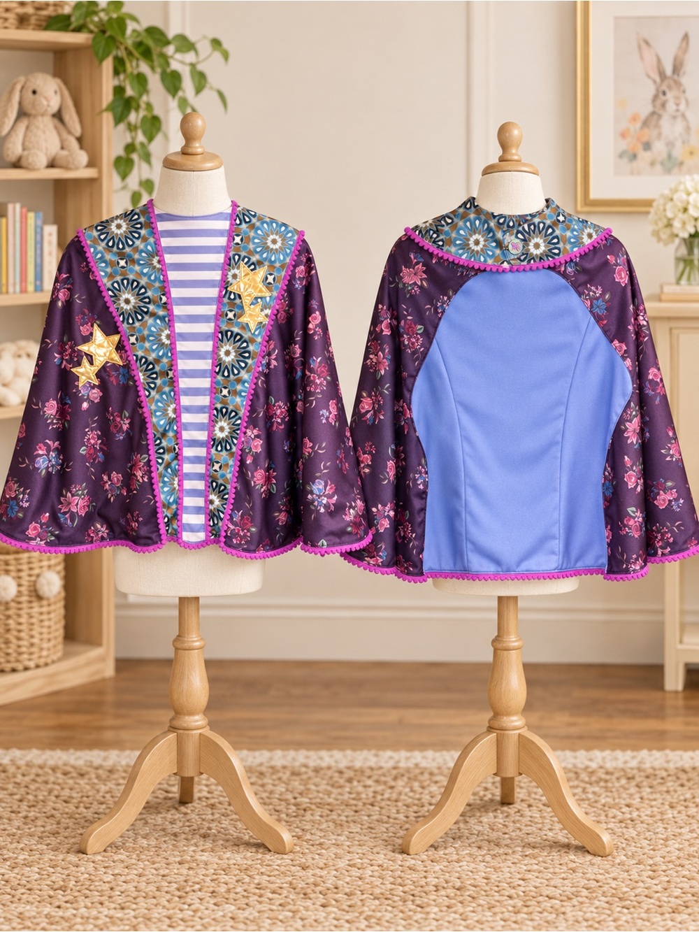 Matilda Jane Purple Floral Cape with Blue Panel and Gold Stars Small
